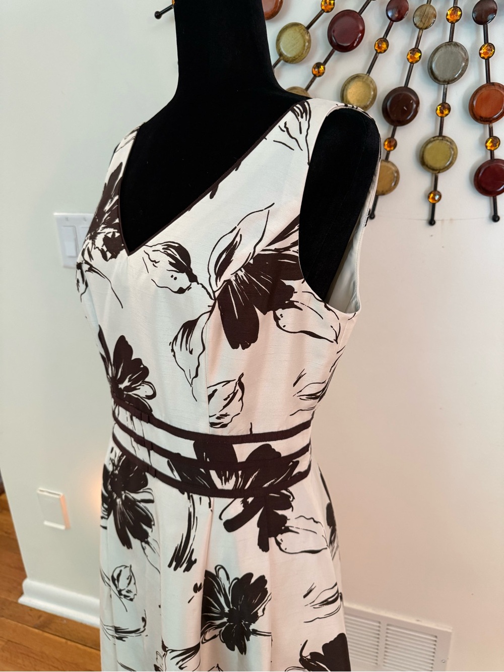 dressbarn Cream and Brown Floral Fit & Flare Midi Dress - Picture 6 of 7